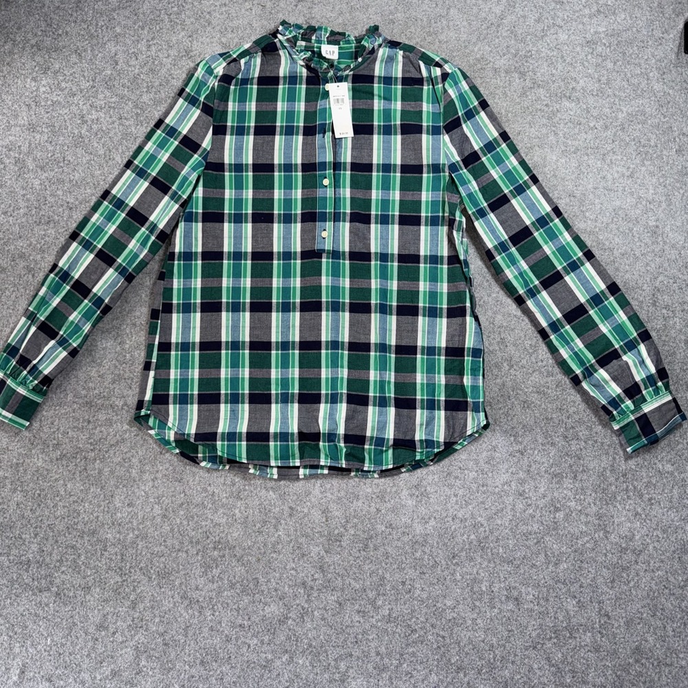 Gap Ruffle Collar Plaid Blouse XS Green Plaid 100% Cotton Long Sleeve